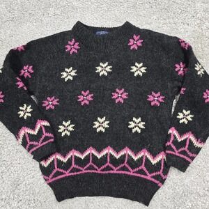 Woolrich Sweater Womens Medium Gray Pink Snowflake Mohair Wool Vintage Fair Isle